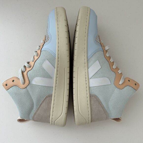 Veja V-15 Leather And Suede Sneaker Womens 8 Jade White Multico High Top Shoes - Picture 8 of 10